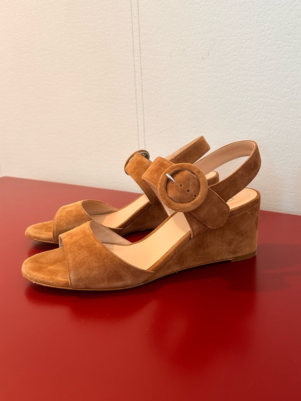L.K. Bennett London Size 37 Camel Suede Wedge Sandals with Ankle Buckle